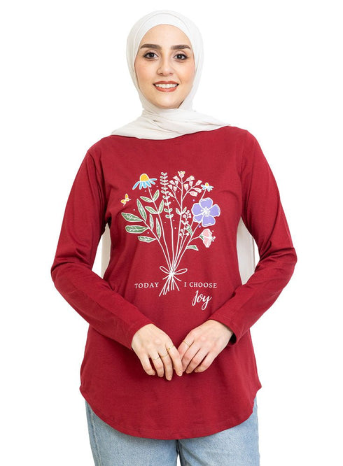 Brick Red Printed Long - Sleeve Design 17 - Khotwh